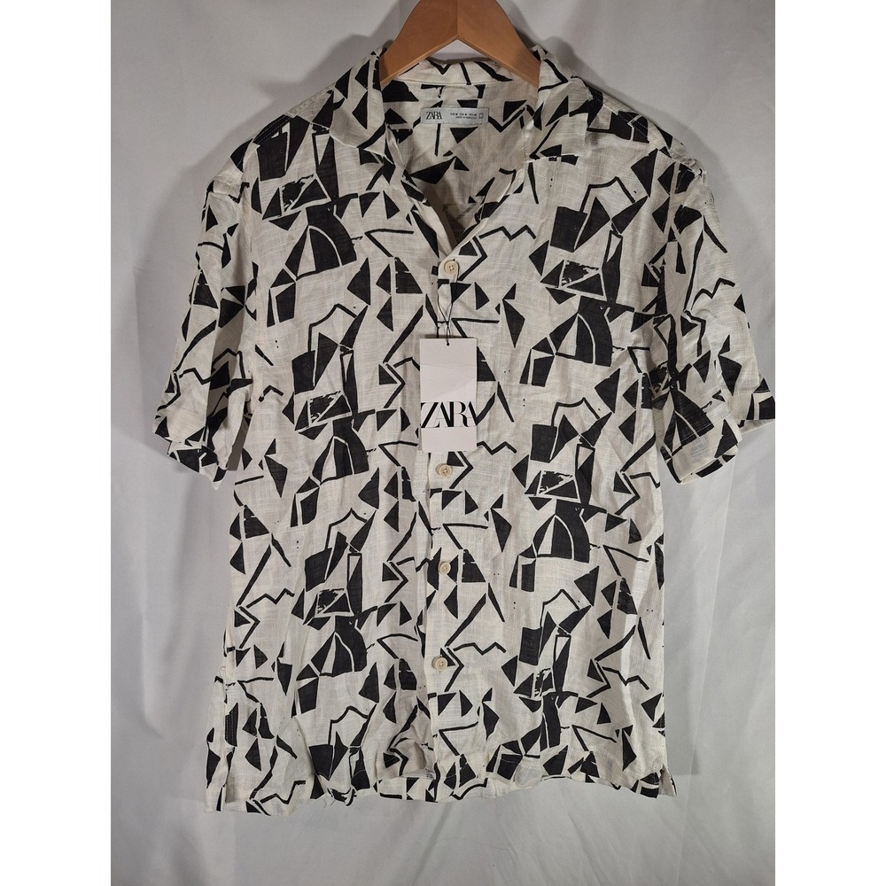 Zara Mens Medium White Black Geometric Abstract Print Viscose Linen Camp Shirt